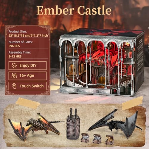 MiniCity Book Nook Kit, DIY Miniature House Kit for Adults, Teens and Beginners, Dollhouse Booknook Library Tiny House Bookshelf Decor 3D Wooden Puzzle, Gifts for Family, Friends (Ember Castle) - style: Ember Castle