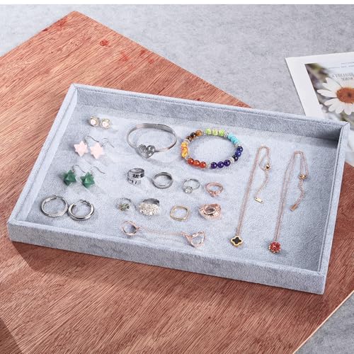 Mornajina 13.8" x 9.5" Velvet Jewelry Tray Jewelry Display Tray, Stackable Empty Plate Trays for Earrings Necklaces Bracelet Rings Display Showcase - Grey - color: Grey, size: Flat Tray 13.8"x9.5"