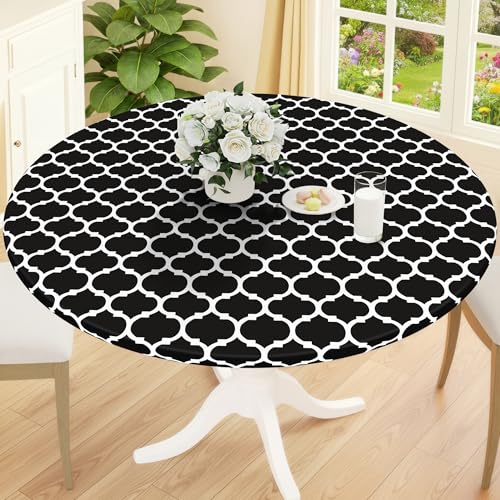 Smiry Round Picnic Tablecloth, Waterproof Elastic Fitted Table Covers for 18" - 24" Tables, Wipeable Flannel Backed Vinyl Tablecloths for Camping, Indoor, Outdoor, Black & White - color: Black & White, size: For Up To 18"-24" Round