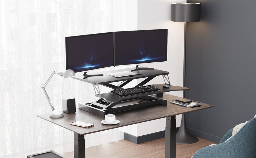 Panana Standing Desk Height Adjustable Sit to Stand Converter Stand Up Desk Tabletop Workstation Dual Monitor Desk Riser for Home Office (26") - size: 26"
