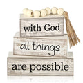 Yuntau 4 Pcs Farmhouse Wooden Tabletop Decor Farmhouse Tiered Tray Decor Rustic Retro Wood Bead Garland with God All Things are Possible Block Sign Neutral Centerpiece Sign for Home Shelf Mantle - style: Farmhouse