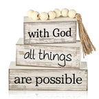 Yuntau 4 Pcs Farmhouse Wooden Tabletop Decor Farmhouse Tiered Tray Decor Rustic Retro Wood Bead Garland with God All Things are Possible Block Sign Neutral Centerpiece Sign for Home Shelf Mantle - style: Farmhouse