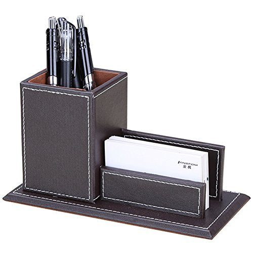 KINGFOM PU Leather Desk Organizer and Accessories, Pencil Holder for Desk with Business Cards Stand, School Office Supplies Collection Caddy Brown - color: Brown