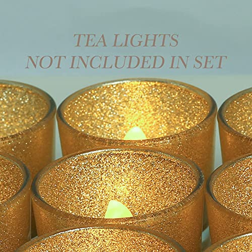 Gold Votive Candle Holders, BeMoment Glitter Glass Tealight Candle Holder for Christmas, Wedding Decor and Home Decor, Festival, Xmas, Holiday, Set of 12(2”×2”)