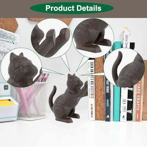 Cat Decorative Bookends, Unique Cast Iron Animal Shape Book Ends to Hold Books Heavy Duty, for Home Library Office Shelf Decoration, Vintage Antique Home Decor