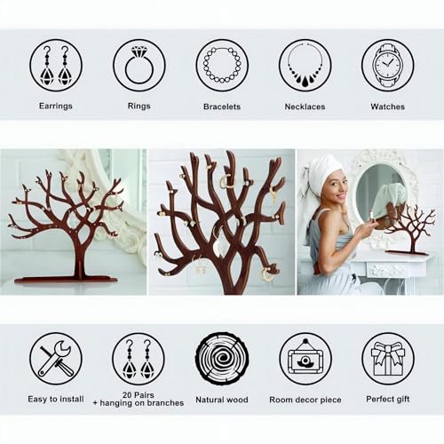 Wooden Jewelry Tree Necklace Holder,9 Inch Jewelry Stand Creative Ring Holder Necklace Suitable Ring Earrings Necklace Bracelet for living rooms, bathrooms,offices (TREE)