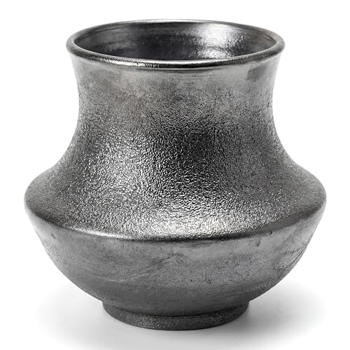 Handmade Small Matte Black Ceramic Vase,Ndustrial Farmhouse Style, Rustic Textured Vase for Home Decor,Ideal for Pampas Grass,Dried Flowers,Living Room, Bedroom Shelf Table 5.5IN（Silver Metal ）