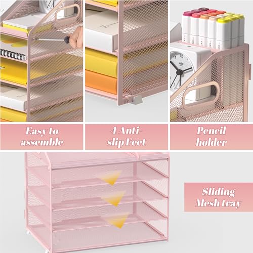 Letter Tray Paper, 5 Tier Desk Organizer with Pen Holder and Handle, Mesh File Organizer Paper Sorter Metal Desktop Document Shelf for Office Home Classroom - Pink - color: 5 Tier-pink