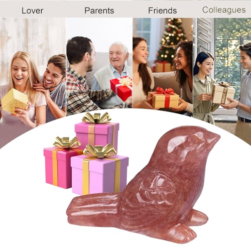 Strawberry Quartz Crystal Bird Carving Hand Carved Gemstone Bird Figurine 2.4 Inch Polished Animal Sculpture Healing Stone Home Office Desk Decoration Gift Collection - color: Strawberry Quartz Brid