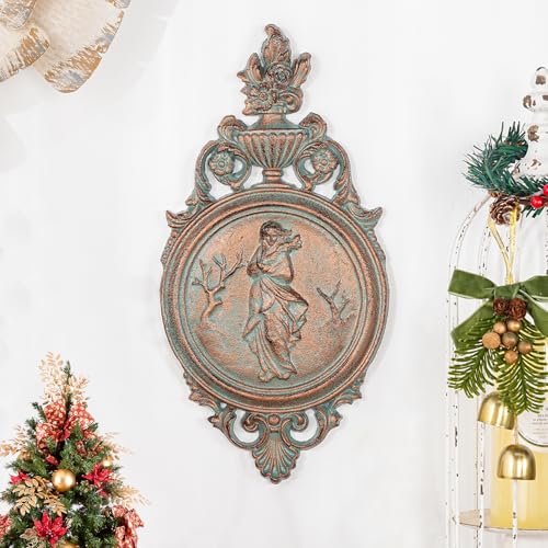 Sungmor Ornate Cast Iron Wall Art Plaque – Classical Woman Relief in French Country Style, Decorative Wall Sculpture - Vintage Hanging Décor for Home, Garden, or Patio – Rustic Black Finish - color: Red Copper & A