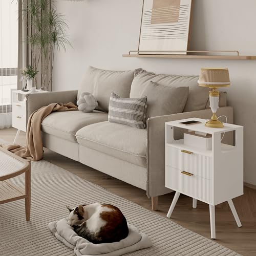 JOONEE White Nightstand with Charging Station and LED Lights,Modern Bedside Table with 2 Storage Drawer and Open Wood Shelf, for Bedroom and Small Spaces,Night Stand with Solid Wood Legs,White - color: White