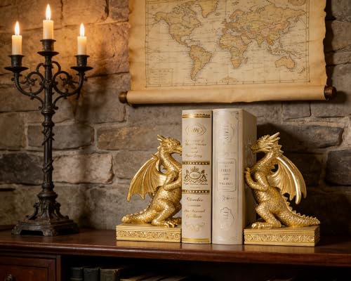 Dragon Statue Decorative Bookends for Shelves, Regal Gold Dragon Statue Home Office Decoration, Fantasy Dragon Figurine Enthusiasts Gifts - color: Regal Gold