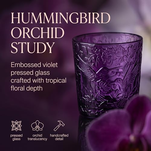 12 Pack Hummingbird Embossed Glass Candle Holders – Votive Tealight Holders with Patent Design, Decorative Embossed Glass Cups for Wedding Centerpieces, Parties, and Home Décor (Amethyst Bloom) - color: Amethyst Bloom