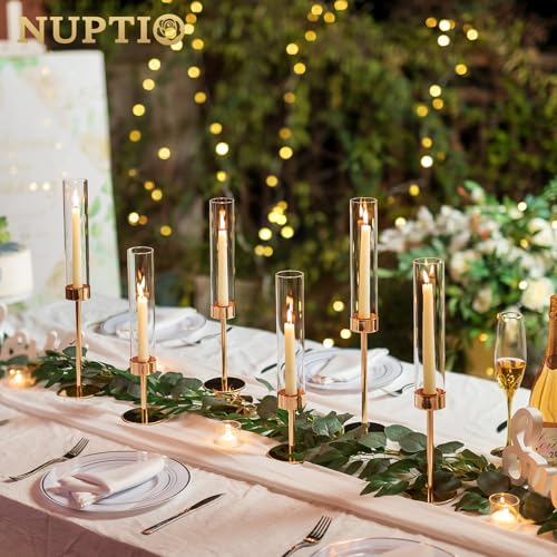 NUPTIO Hurricane Candlestick Holders for Centerpiece: Gold Taper Candles Stick Holders with Clear Glass Chimney - Tall Candleholder Set of 3 for Birthday Party Outdoor Decor - color: Clear, size: 3pcs