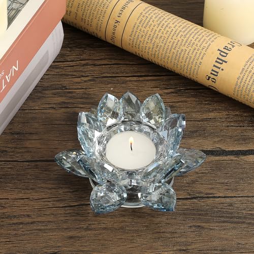 OwnMy Croatia Blue Crystal Lotus Flower Tealight Candle Holder Decor, Decorative Crystal Lotus Candle Lamp Sparkle Glass Flower Votive Candle Stand for Wedding Dining Table Centerpieces - color: Croatia Blue