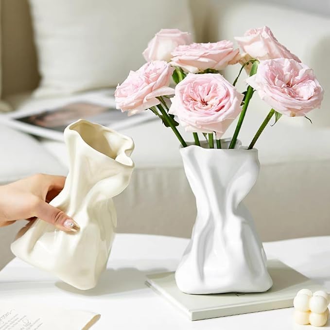 Wrinkled Paper Bag Design Flower Vase - Modern Ceramic Vase for Home Decor, Wedding Centerpiece, Rustic Farmhouse & Tabletop Decoration