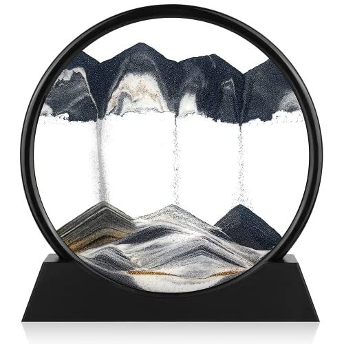 Herecanli Moving Sand Art Picture - 3D Quicksand Painting Decor - Round Glass 3D Deep Sea Sandscape - Relaxing Decoration for Home,Office,Desk,Mantle,Bookshelf,Room- (Black, 12 in) - color: Black, size: 12"