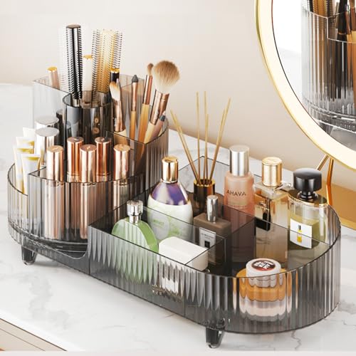 Rotating Makeup Organizer for Vanity with Brush Holder, Cosmetic Makeup Storage Organizer, Large Spinning Makeup Skincare Organizer, Countertop Makeup Perfume, Lotions Display Case (Transparent Black) - color: Transparent Black