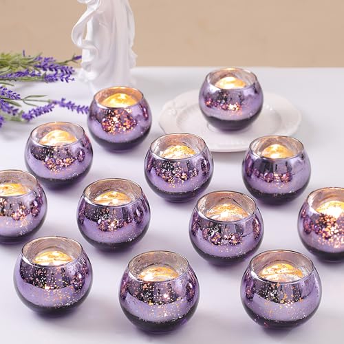 LETINE Purple Mercury Glass Votive Candle Holders - Set of 36 | Elegant Gold Tealight Candle Holders for Table Centerpieces, Spring Summer Weddings, Rehearsal Dinners, Valentine's Day Decorations - color: Purple