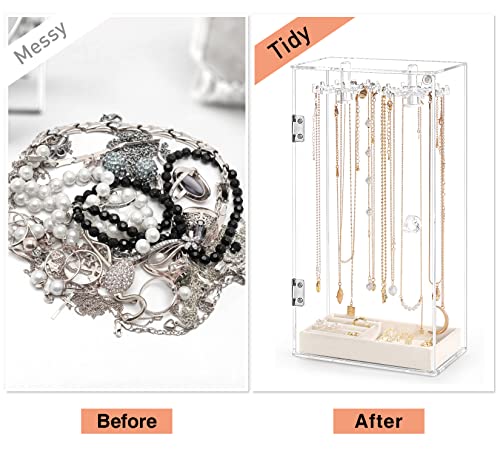 Necklace Holder, Acrylic Jewelry Organizer with 24 Hooks, Rotation Clear Necklaces Pendant Display Case Stand, Dust-proof Velvet Tray Hanging Rack Storage for Earrings Rings