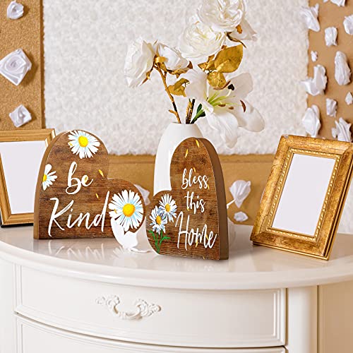 Jetec 2 Pcs Rustic Wooden Heart Table Decor, Daisy Farmhouse Home Decor, Bless This Home & Be Kind Sign for Living Room, Dining Room, Shelf & Mantel, Ideal Housewarming & Birthday Gift(Daisy Style) - style: Daisy Style
