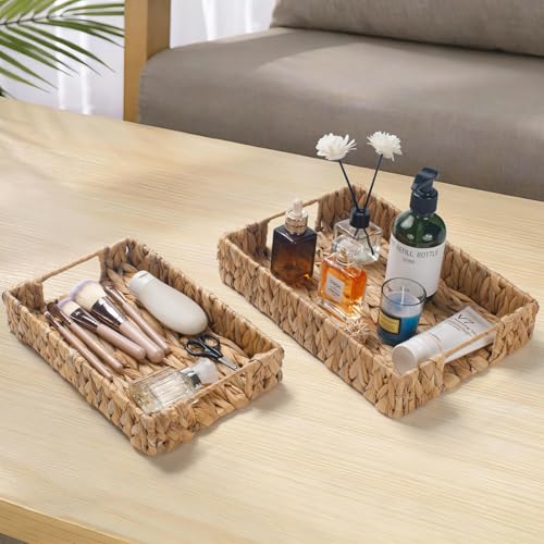 2 Pack Water Hyacinth Tray with Handles, Rectangular Wicker Serving Tray, Woven Serving Basket for Coffee Table, Bathroom, Living Room, Kitchen