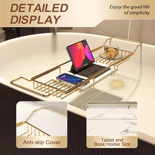 BVL Bathtub Tray Stainless Steel with Marble Base Gold Bathtub Tray with White Marble Base Adjustable & Rustproof Bath Caddy for Spa, Relaxation, Bath Bombs - color: Gold
