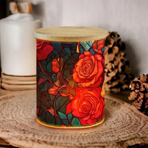 Stained Glass Skull Tea Light Candle Jar for Home Decoration, Skull and Roses Tealight Candle Holders Glass Candle Jar with Bamboo Lid, Candle Candlestick for Thanksgiving Christmas Birthday - color: Skull Rose