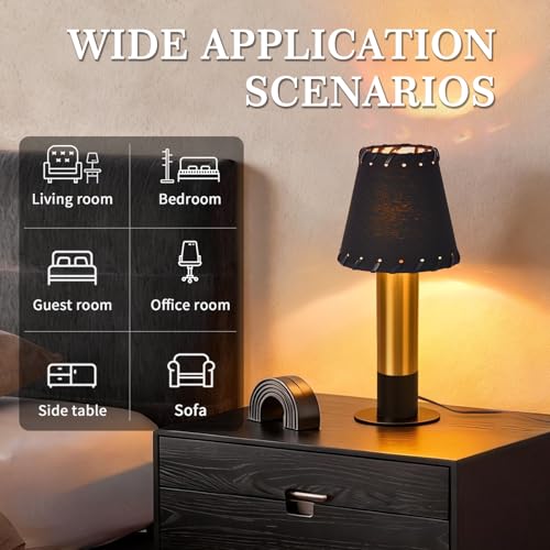 Black and Gold Table Lamp, small table lamp for bedroom, Modern Mini Nightstand Lamp with Fabric Shade, Cute Desk Lamp for Small Spaces for Kitchen Counter, Bookshelf, Living Room, Kids Dorm