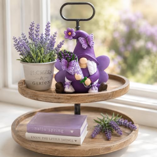 Lavender Gnome Spring Summer Decor, Fairy Garden Purple Gnome with Butterfly & Lavender Bouquet, Gnome Gifts for Women Retirement Birthday Home Office Tabletop Tiered Tray Decor - color: Purple