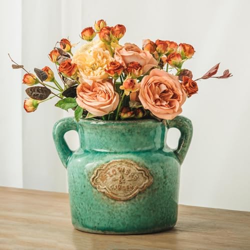 Green Rustic Ceramic Vase, 5.8 Inch Distressed Wide Mouth Vase with Ice Cracked Glazed, Farmhouse Vintage Flower Vases for Home Office Decor Living Room Bedroom Table Centerpiece Decorations - color: Green