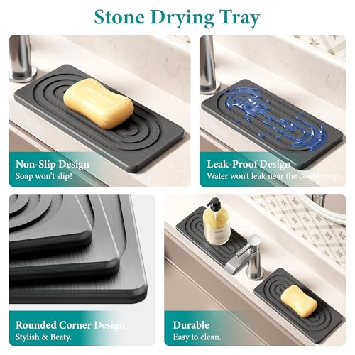 Water Absorbing Stone Tray, Quick Drying Diatomite Bathroom Tray Countertop, Stone Drying Mat for Kitchen Counter, Soap Dish Dispenser Vanity Organizer, Dark Grey-A-8.3" x 4" - color: Dark Grey a