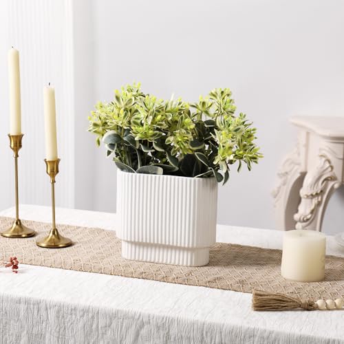 White Ceramic Flower Vase, Modern Decorative Vases for Decor, Ribbed Ceramic Vase, Rectangle Vases for Living Room, Office, Mantel, Wedding, Dinning Table, 7 Inches - color: White, size: Medium Rectangle