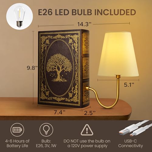 AELS Vintage Bookshelf Lamp with Bulb, Cordless Touch Dimmable Table Lamp with Linen Fabric Shade, Battery Operated, Modern Farmhouse, Book Sconce for Office Home Bedroom, Tree of Life Brown & Gold - color: Tree of Life Brown, size: Rechargeable Model