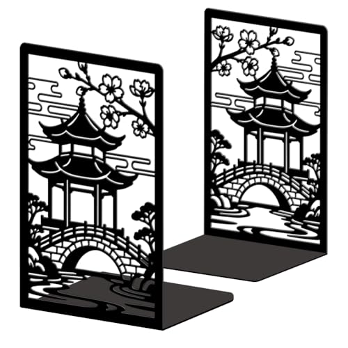 Peacoblue Metal Bookends for Shelves, Modern Decorative Heavy Duty Study Book Ends Stoppers for Office Desk Shelf Room 5.3"x4.3"x7.9" Cast Iron Tall Bookends 1 Pair (Courtyard with Flower Branches) - style: Courtyard with Flower Branches