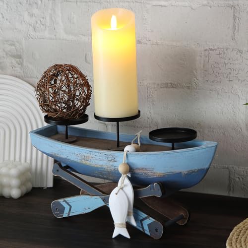 Nautical Candle Holder for Beach House Table & Lake House - Ocean Themed Farmhouse Boat Candlestick Holders, Marine Beach Style Handmade Coastal Accent, Housewarming Gifts