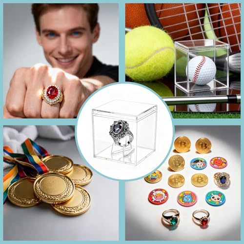 Championship Ring Display Case, Clear Acrylic Challenge Coin Holder Small Showcase with Mini Card Stand Holder, Memorabilia Box for Baseball, Super Bowl, Football Ring, Collectibles Jewelry (32)