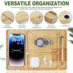 Buqoo Rubberwood Valet Tray with Cable Slot - 11.7 x 7.9 Inch Wooden Catch All Organizer Tray, Desk & Nightstand Organizer for Keys, Wallet, Jewelry, Phone, Watch, Earbuds