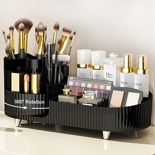Rotating Makeup Organizer for Vanity with Brush Holder, Cosmetic Makeup Storage Organizer, Large Spinning Makeup Skincare Organizer, Countertop Makeup Perfume Organizer, Lotions Display Case (Black) - color: Black