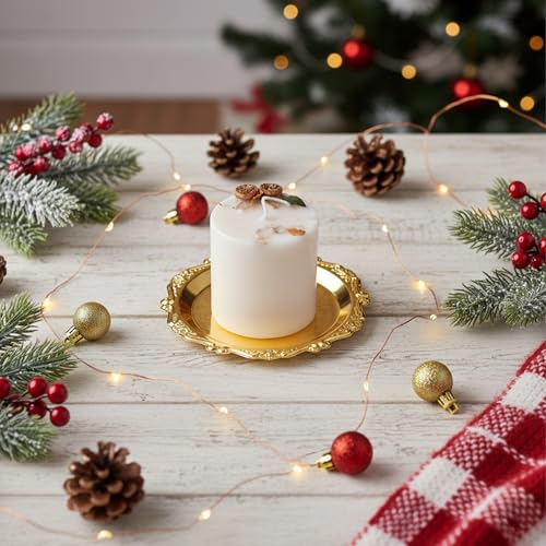2 PCS Gold Pillar Candle Holder Decor, 5.9 Inch Round Metal Carved Candle Tray, Pillar Candles Plates Stand Decorative for Scented Ball Flameless Candles LED Coffee Table Wedding Party Home