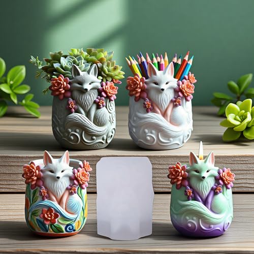 1 Pc Fox Resin Storage Box Silicone Mold Animal Flower Pot Epoxy Jar Candle Mold for DIY Crafts Candlestick Home Decoration Plaster Cement Concrete Craft Soap Thanksgiving Party Favors - color: Fox Resin Mold