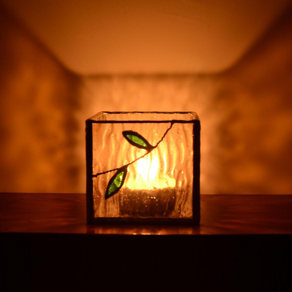 Handmade Windproof Stained Glass Cube Candle Holder - 5-Sided Floral & Leaf Design for Altar, Prayer, Windowsill - Sacred Gift for Christians, Mom, Christmas & Easter (Leaf) - color: Leaf