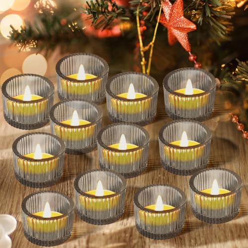 JOYIT Black Votive Candle Holders Bulk Set of 12, Tealight Candle Holder for Wedding Table Centerpiece, Glass Small Candle Holders for Birthday Party, Valentine's Day, Home Decor (2''X 1.4'') - color: Black