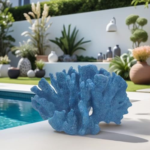 Etlemonde Blue Beach Coastal Fan Coral Decor Resin Statue - Faux Sea Coral Reef for Bathroom Shelf, Coffee Table, Nautical Beach House Home Decor Accent - color: Blue-d