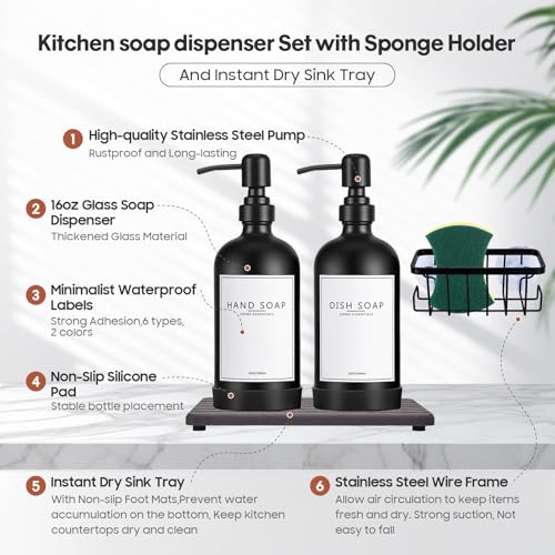 Kitchen Soap Dispenser Set with Instant Dry Tray & Sponge Holder,16 Oz Hand and Dish Soap Black Glass Dispenser Set,Stainless Steel Pump,Waterproof Labels,Luxury Soap Bottle for Bathroom - color: Black Bottle+black Pump