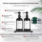 Kitchen Soap Dispenser Set with Instant Dry Tray & Sponge Holder,16 Oz Hand and Dish Soap Black Glass Dispenser Set,Stainless Steel Pump,Waterproof Labels,Luxury Soap Bottle for Bathroom - color: Black Bottle+black Pump