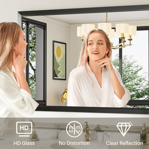 Briivue 28x32 Inch Black Bathroom Mirror for Wall, Thick Metal Framed Rectangle Mirrors for Over Sink, Bedroom, Living Room, Entryway, Anti-Rust, HD Tempered Glass - color: Black, size: 28"L x 32"W