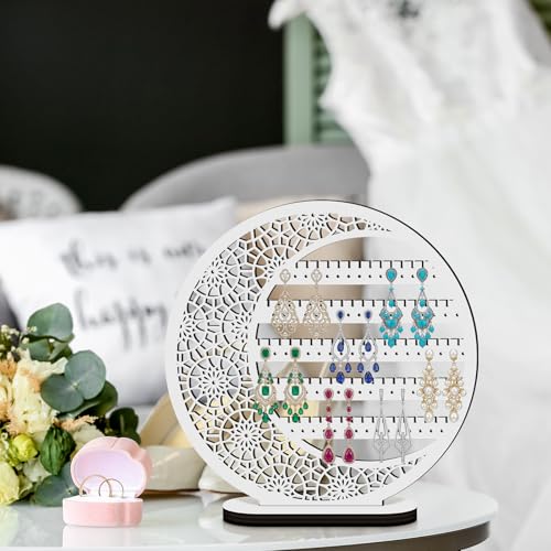 Kathfly Large Boho Moon Wooden Earring Display Organizer Stand Gift 10 Inch Floral Goth Earrings Stud Jewelry Holder Dangle Hanging Holder Gift for Women(White) - color: White