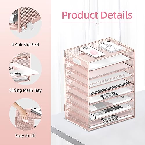 DALTACK 9-Tier Paper Organizer for Desk, Mesh Letter Tray Desk Organizer with Handles, Space-Saving File Organizer for Office Home School, Pink - color: Desk Organizer Pink