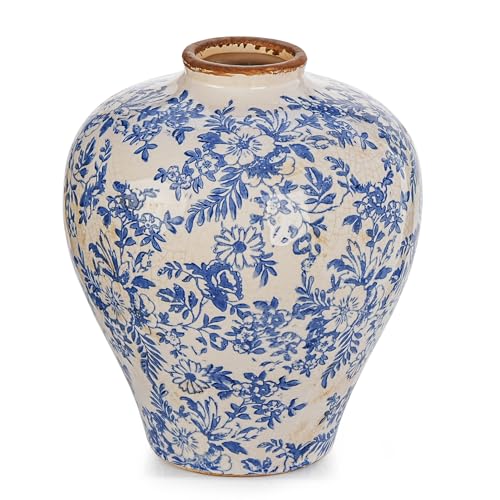 Sungmor Vintage Ceramic Flower Vase - 9.4 Inch Retro Ice Cracked Glaze Chinoiserie Vase, Rustic Farmhouse Home Décor Accent for Dried Flowers, Greenery - Table Centerpieces, Shelf, Mantel Decor - color: Blue&white